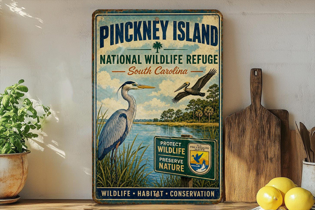 A vintage-style sign for Pinchney Island National Wildlife Refuge in South Carolina, featuring illustrations of birds and a serene landscape.