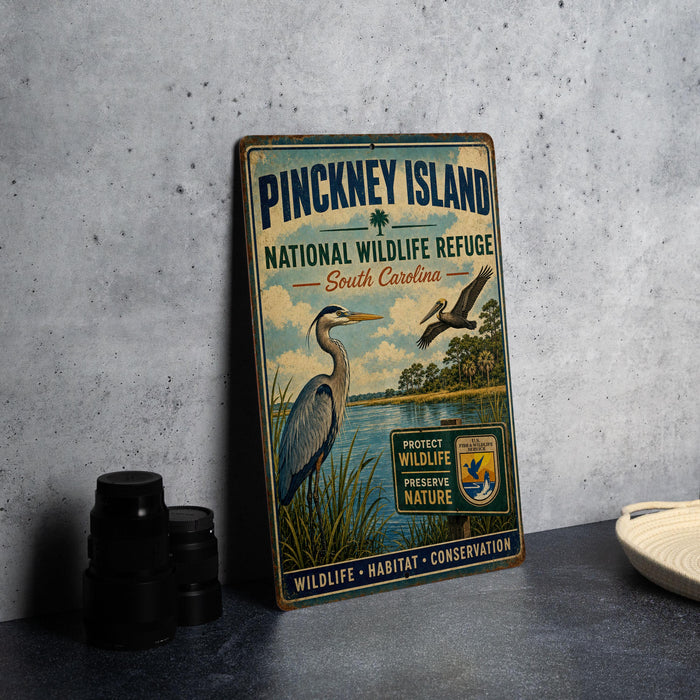 A vintage-style metal sign for Pinckney Island National Wildlife Refuge in South Carolina, featuring illustrations of birds and a serene landscape.
