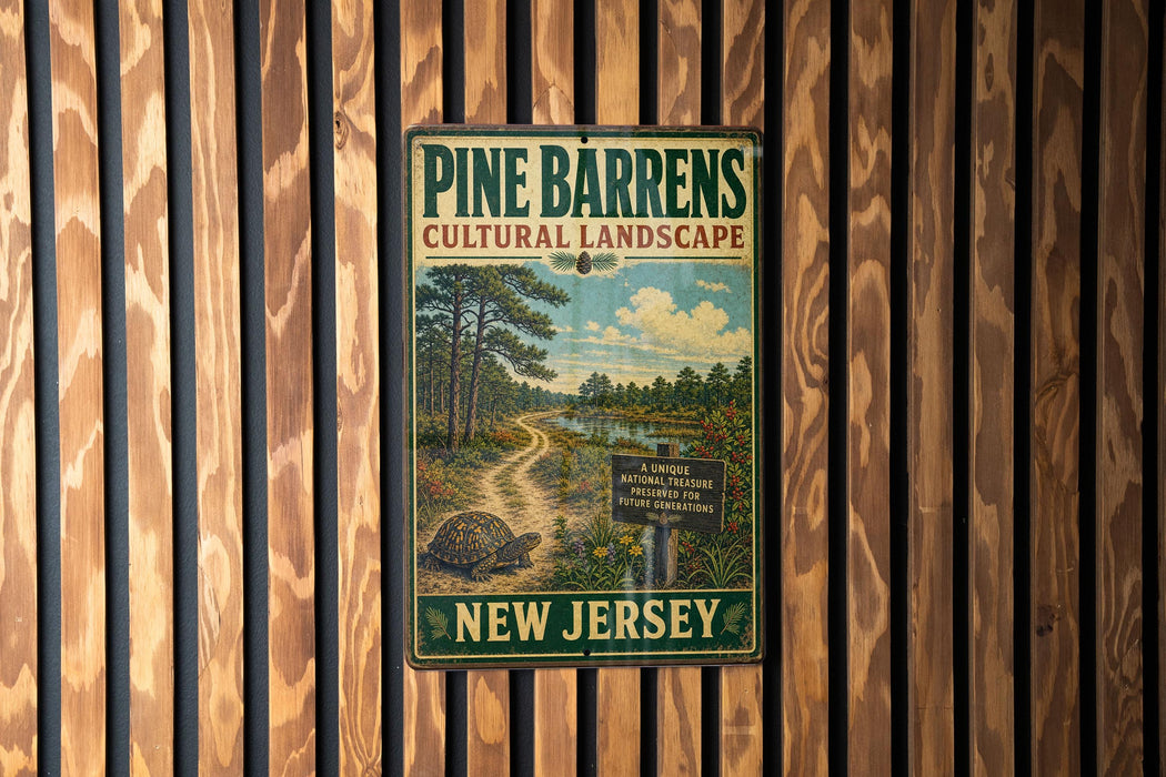 A vintage-style metal sign for Pine Barrens Cultural Landscape in New Jersey, featuring a scenic illustration of a forest and a winding path.