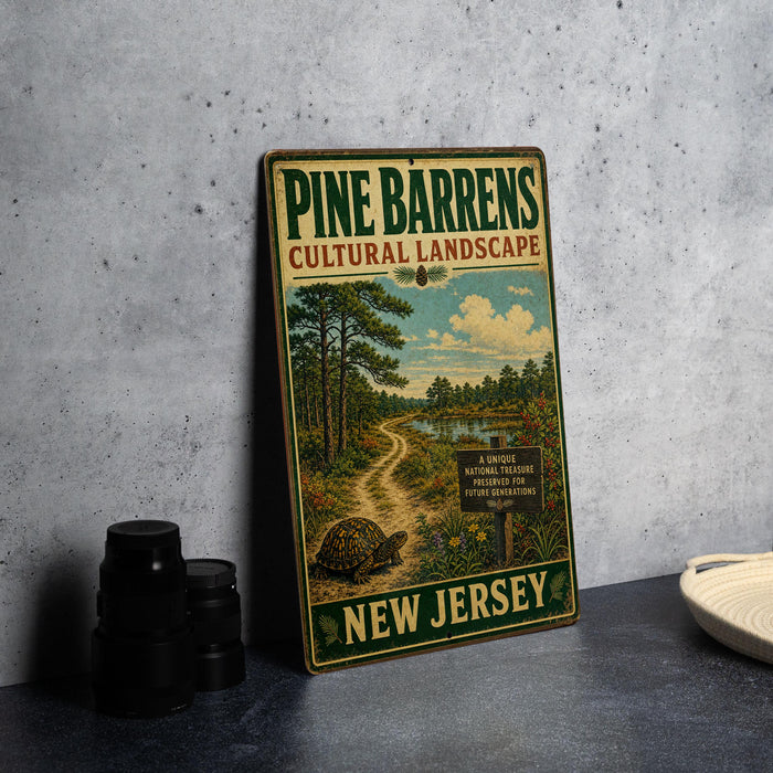 A vintage-style metal sign for Pine Barrens Cultural Landscape, featuring a scenic illustration of a forest and a winding path, is displayed on a gray countertop next to a stack of black camera lenses.