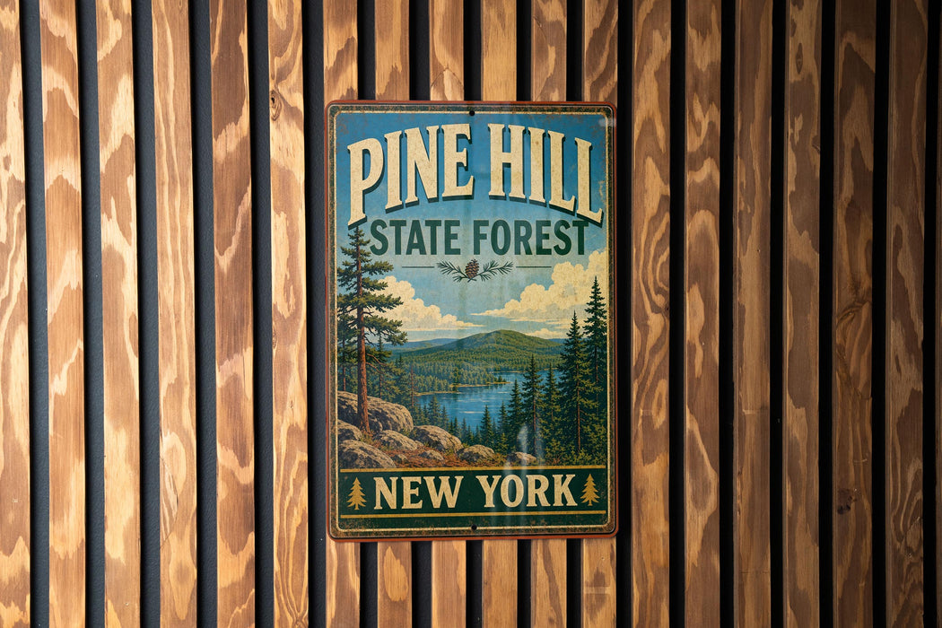 A vintage-style metal sign for Pine Hill State Forest in New York, featuring a scenic landscape with pine trees, mountains, and a lake.