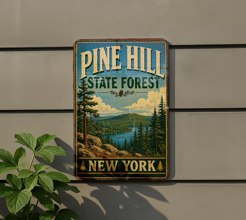 A vintage-style metal sign for Pine Hill State Forest in New York, featuring a scenic landscape with pine trees, a lake, and mountains.