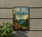 A vintage-style metal sign for Pine Hill State Forest in New York, featuring a scenic landscape with pine trees, a lake, and mountains.