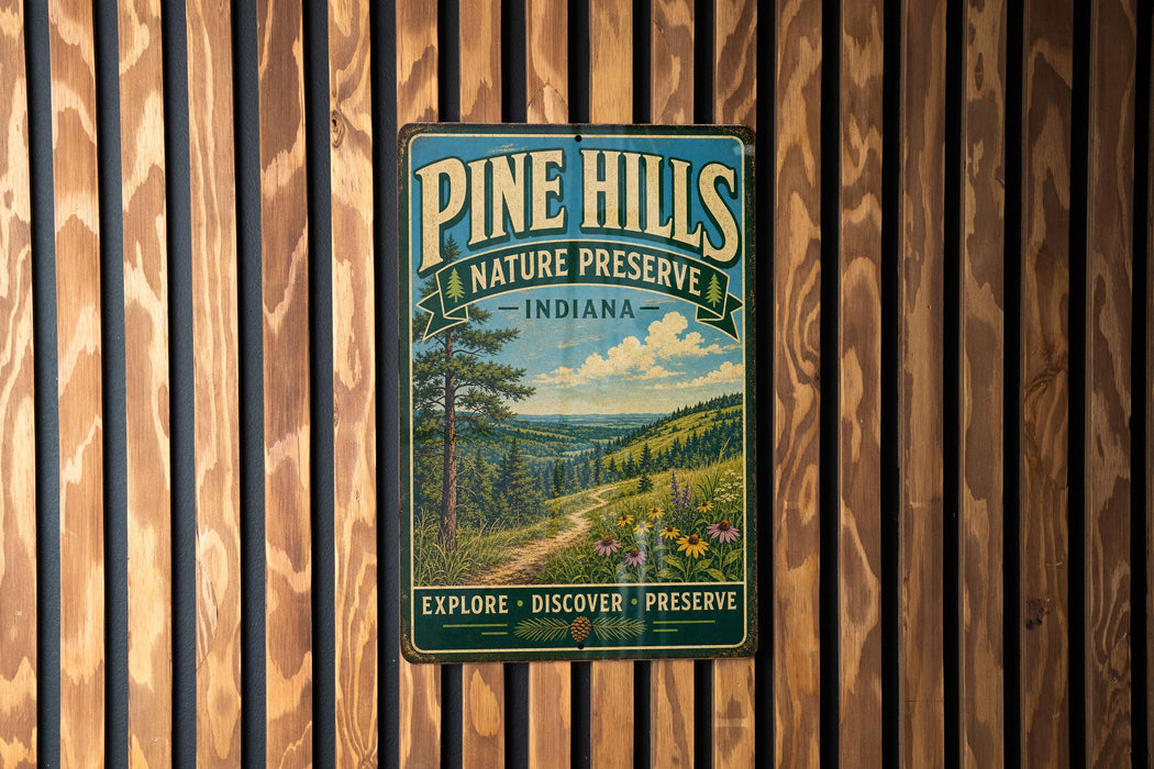 A vintage metal sign for Pine Hills Nature Preserve in Indiana, featuring a scenic landscape with a winding path and pine trees.