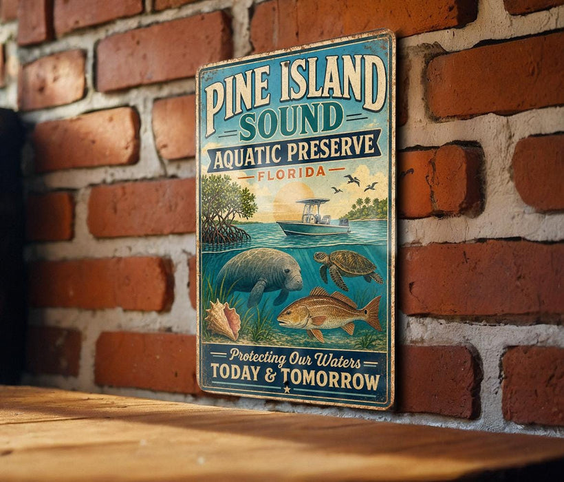 A vintage-style metal sign for Pine Island Sound Aquatic Preserve in Florida, featuring illustrations of marine life and a sunset over the water.