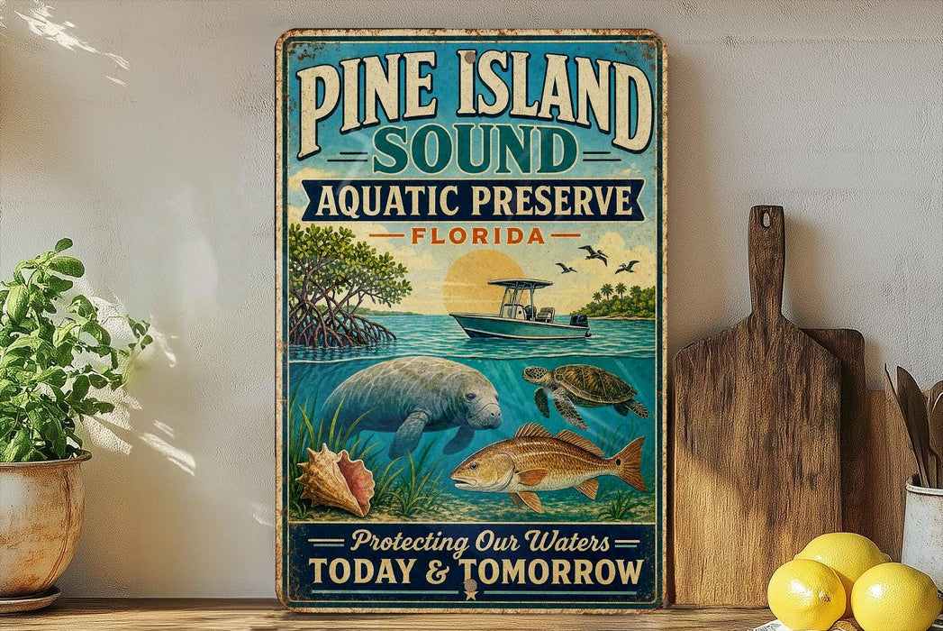 A vintage-style metal sign for Pine Island Sound Aquatic Preserve in Florida, featuring illustrations of various marine life such as a manatee, sea turtle, and fish.