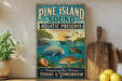 A vintage-style metal sign for Pine Island Sound Aquatic Preserve in Florida, featuring illustrations of various marine life such as a manatee, sea turtle, and fish.
