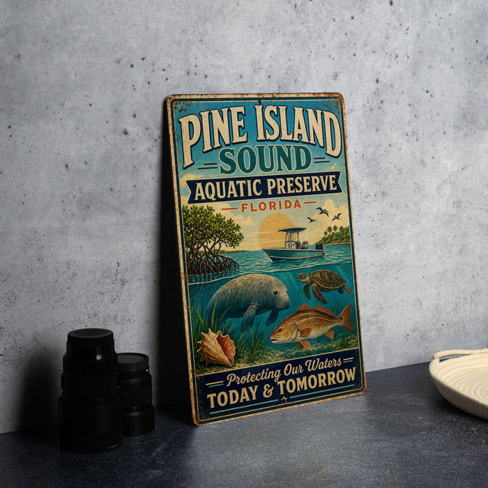 A vintage-style sign for Pine Island Sound Aquatic Preserve in Florida, featuring illustrations of various marine life and a boat on the water.