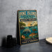 A vintage-style sign for Pine Island Sound Aquatic Preserve in Florida, featuring illustrations of various marine life and a boat on the water.