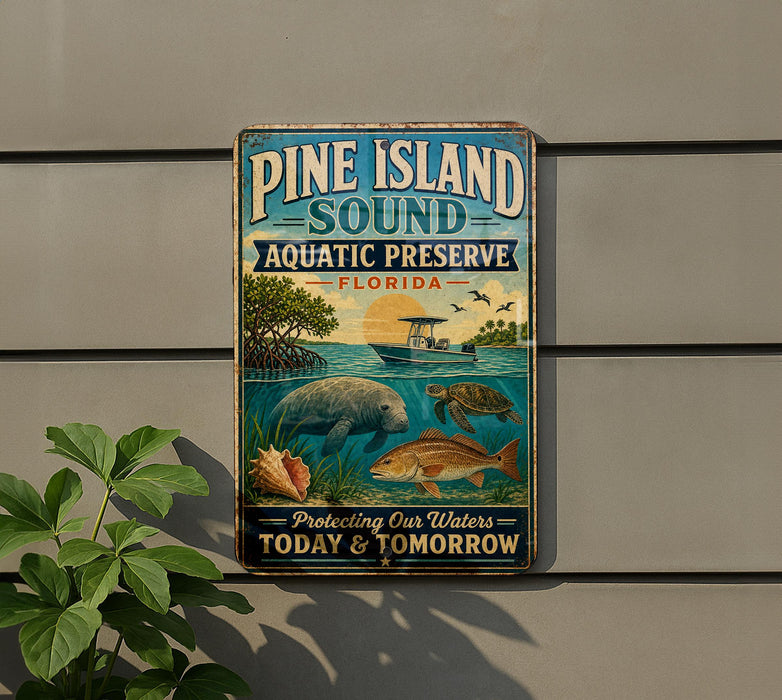 A vintage-style sign for Pine Island Sound Aquatic Preserve in Florida, featuring illustrations of various marine life and a boat on the water.