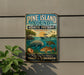 A vintage-style sign for Pine Island Sound Aquatic Preserve in Florida, featuring illustrations of various marine life and a boat on the water.