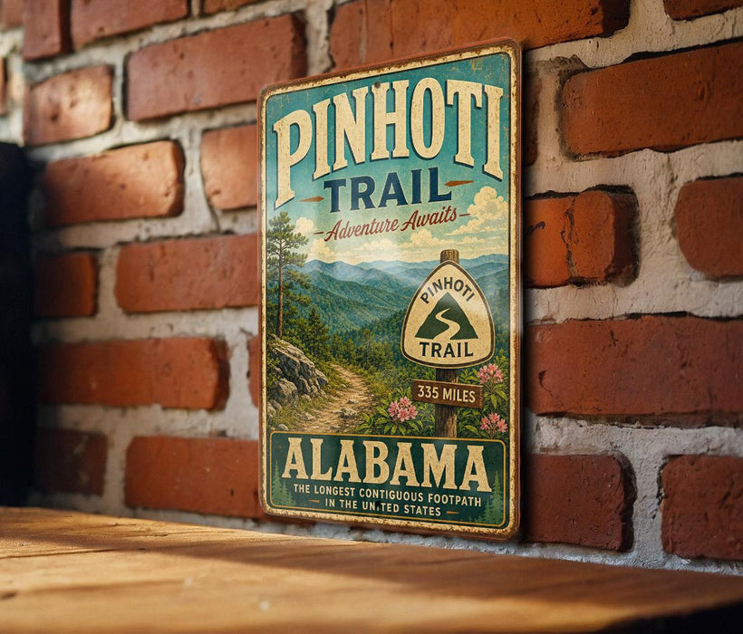 A vintage-style metal sign for the Pinhoti Trail in Alabama, featuring a scenic mountain landscape and the trail's name.