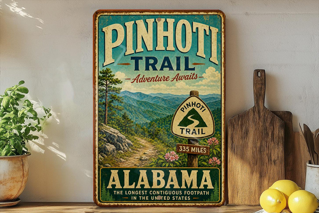 A vintage-style sign for the Pinedoni Trail in Alabama, featuring a scenic mountain landscape and the trail's name.