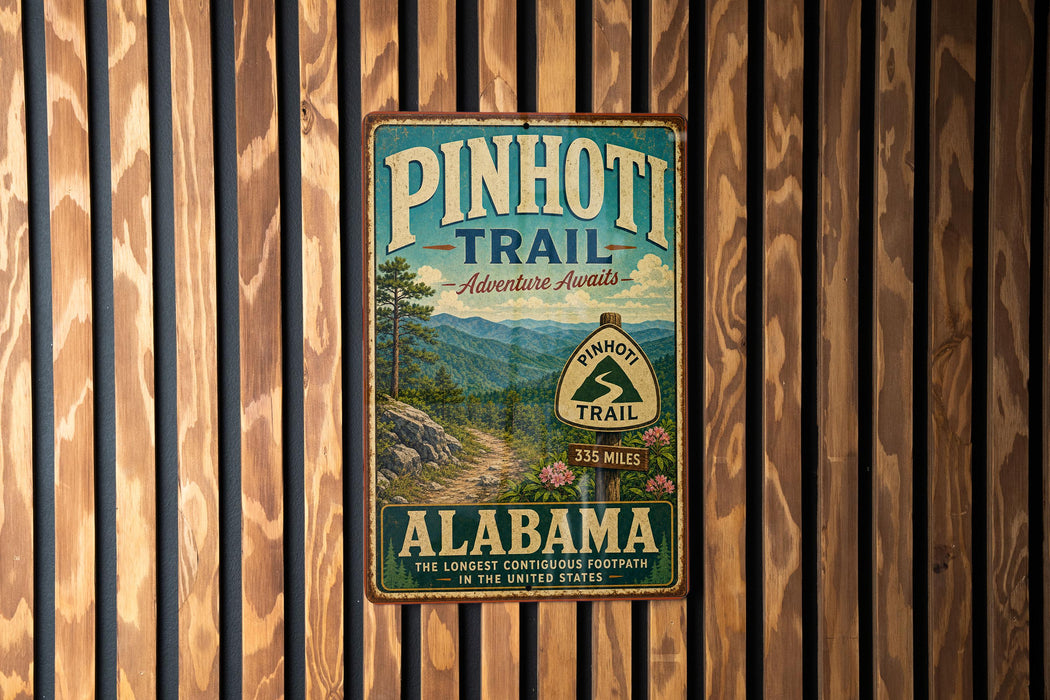 A vintage metal sign for the Pinedoni Trail in Alabama, featuring a scenic mountain landscape and the trail's name.