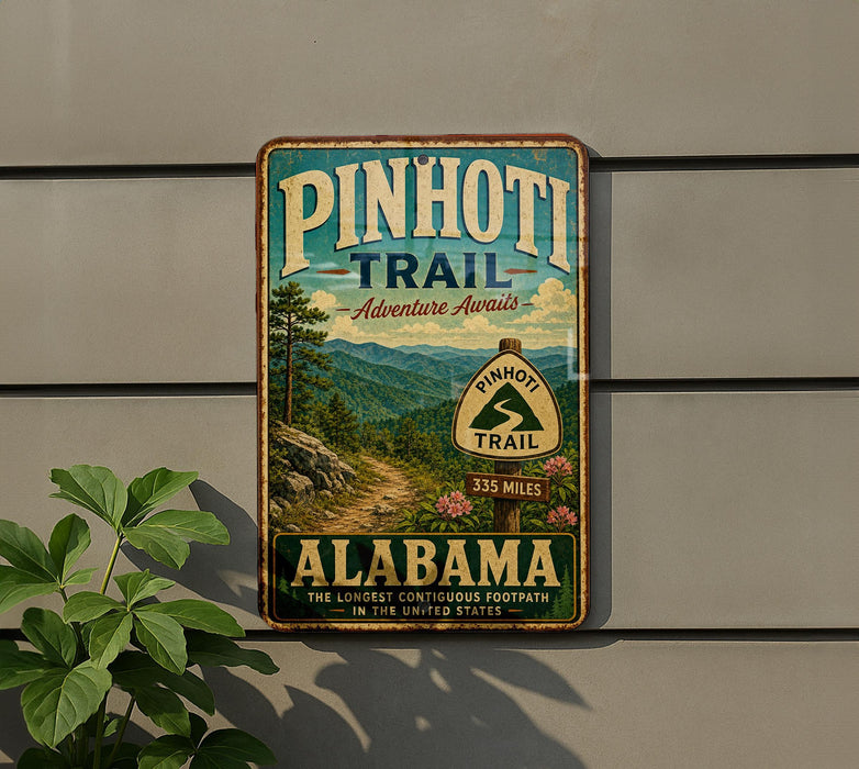 A vintage-style metal sign advertising the Pinhoti Trail in Alabama, featuring a scenic mountain landscape and the trail's name.
