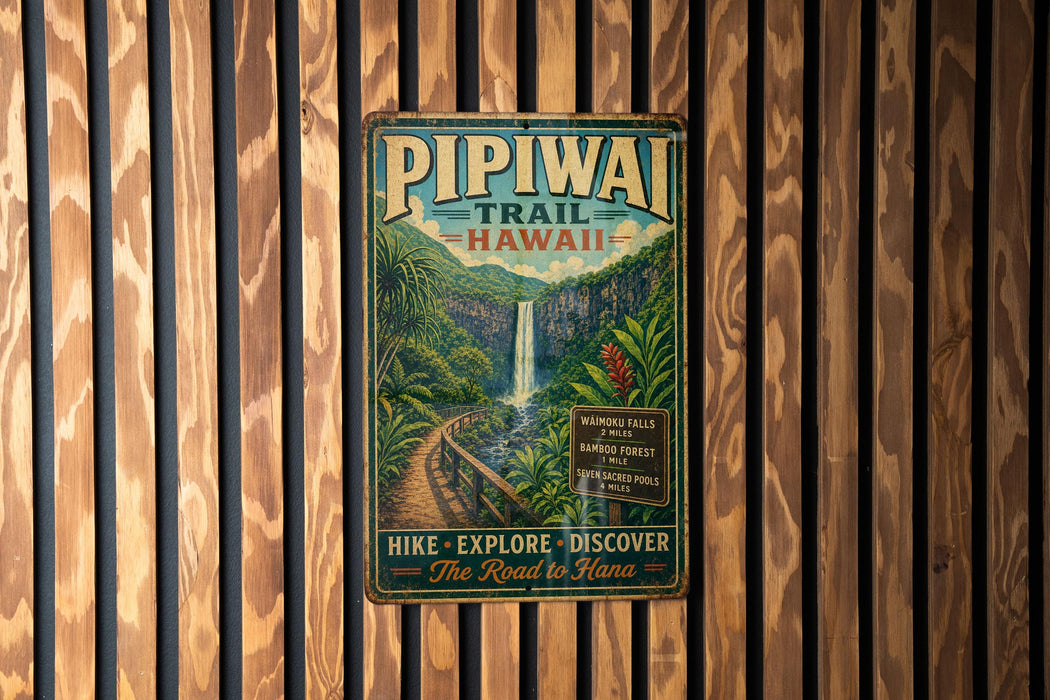 A vintage-style metal sign for the Pipiwai Trail in Hawaii, featuring a waterfall and lush greenery, is displayed on a wooden wall.