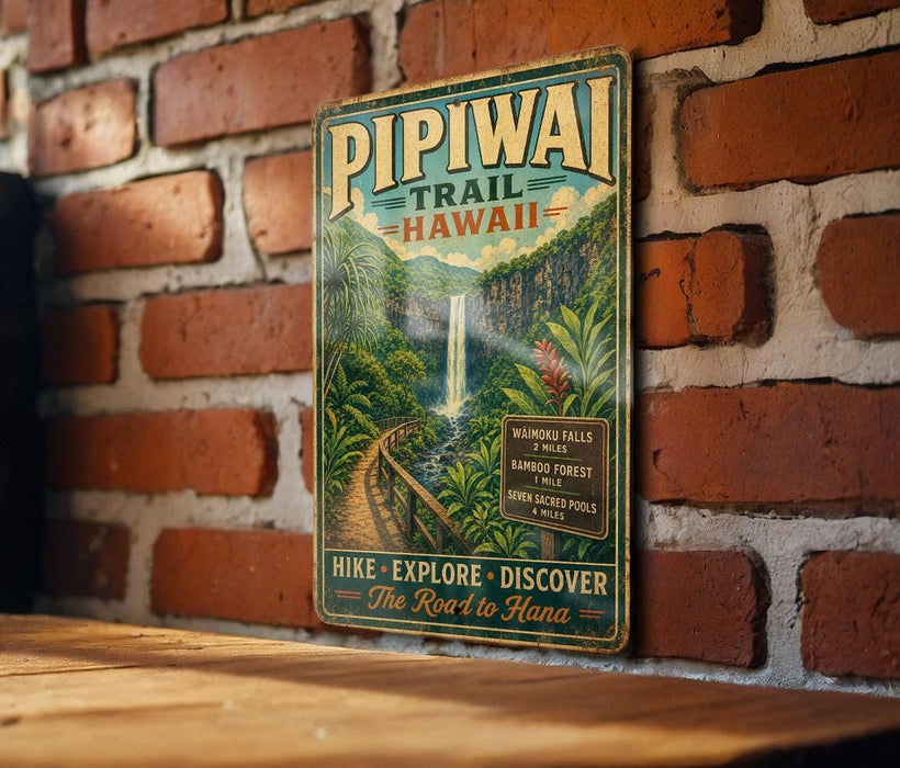 A vintage-style metal sign for the Piiwi Trail in Hawaii, featuring a waterfall and lush greenery, is displayed on a brick wall.