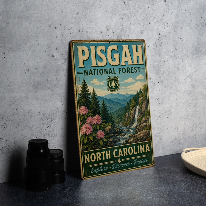 A vintage-style metal sign for Pisgah National Forest in North Carolina, featuring a scenic landscape with a waterfall and pine trees.