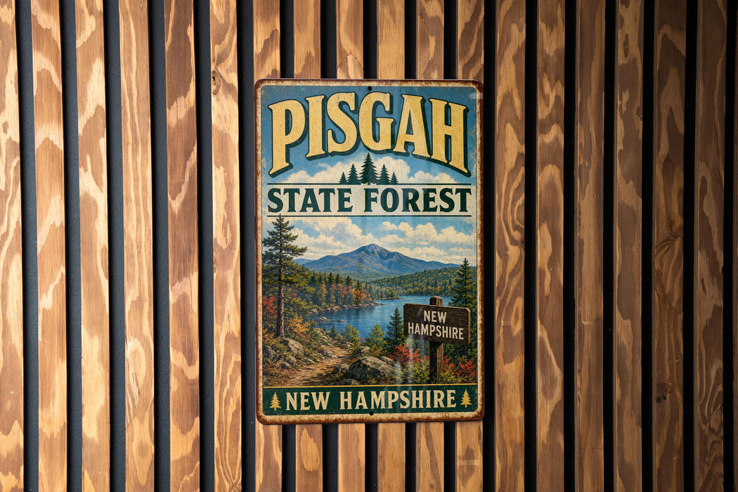 A vintage metal sign for Pisgah State Forest in New Hampshire, featuring a scenic landscape with a river, mountains, and pine trees.
