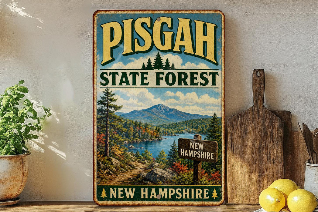 A vintage-style metal sign for Pisgah State Forest in New Hampshire, featuring a scenic landscape with a mountain, river, and pine trees.