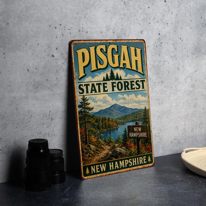 A vintage-style metal sign for Pisgah State Forest in New Hampshire, featuring a scenic landscape with pine trees, mountains, and a river.
