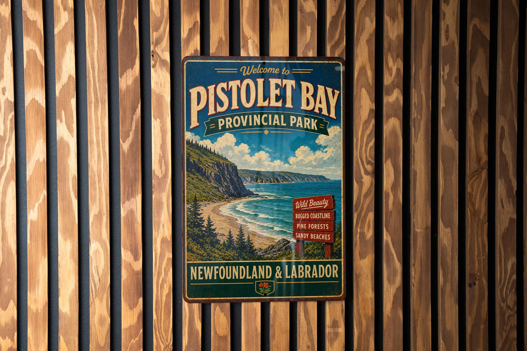 a vintage-style metal sign forPROVINCIAL PARK, NEWFOUNDLAND & LABORADOR, with a scenic coastal landscape and beach depicted on the sign.