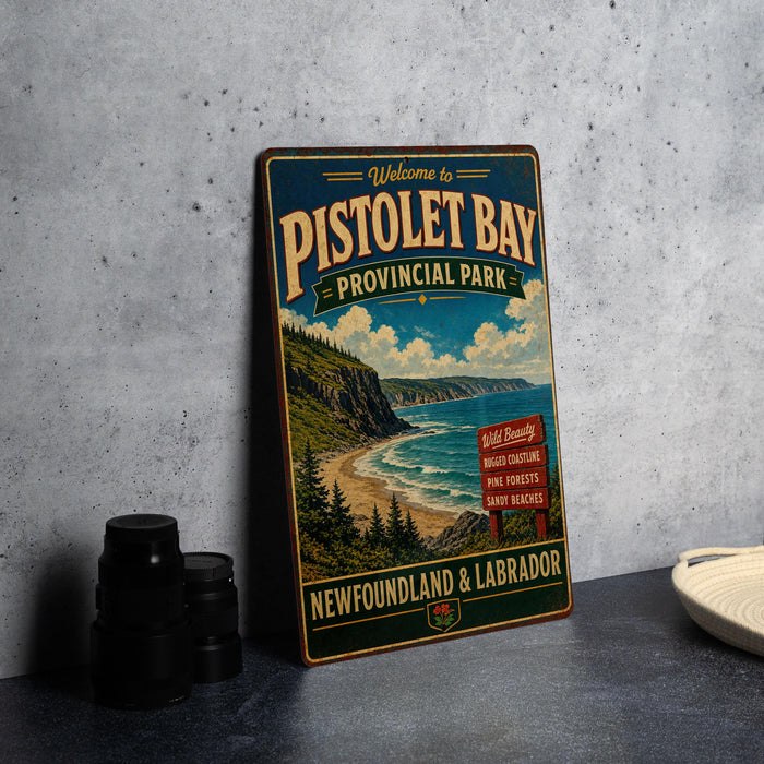 A vintage-style metal sign welcoming visitors to Pistolet Bay Provincial Park, New Brunswick, Labrador, with a scenic coastal landscape and beach view.