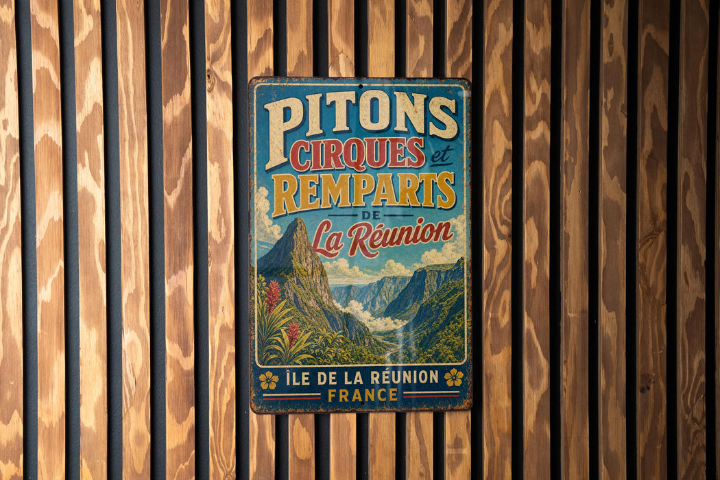 A vintage metal sign with text and an illustration of a mountainous landscape, mounted on a wooden wall.