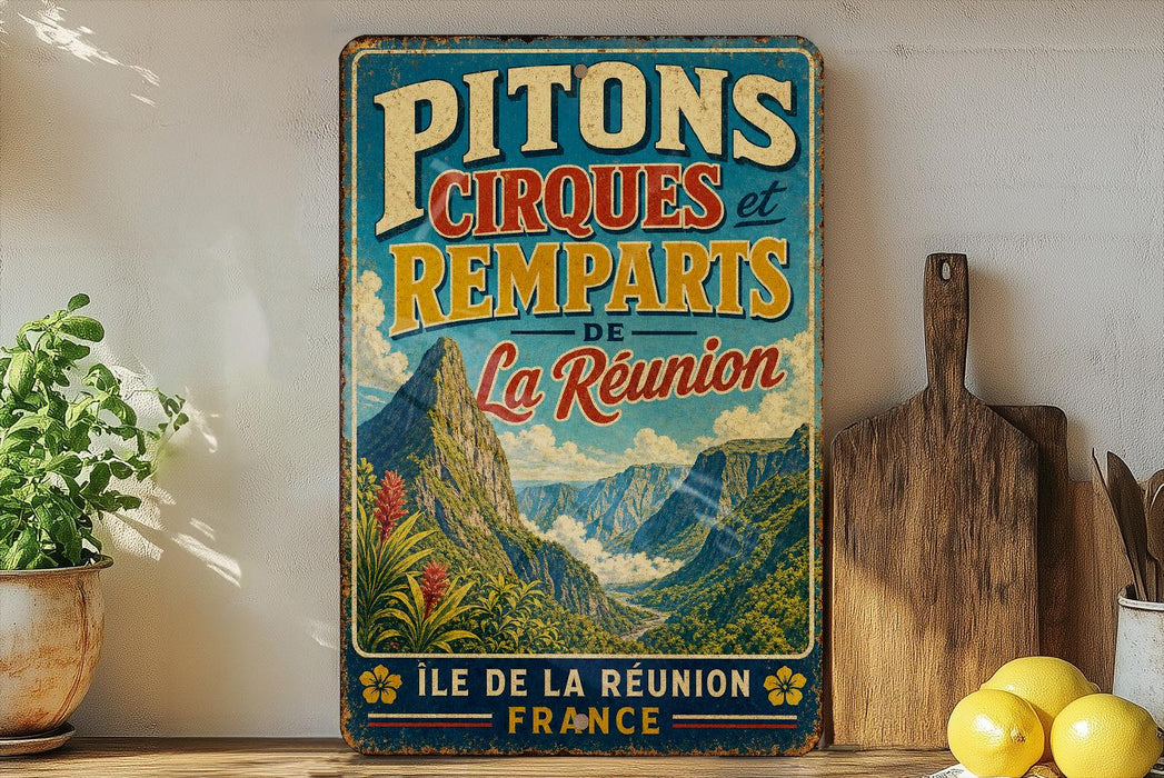 A vintage-style sign for Pitons Cirques et Remparts de La Reunion in France, featuring a mountainous landscape and text.