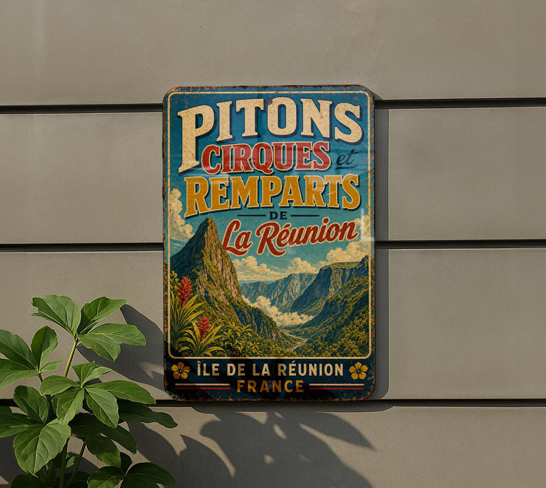 A vintage-style metal sign with the text "PITONS CIRQUES ET REMPARS DE LA REUNION" and "ILE DE LA REUNION FRANCE" is displayed on a wall, with a plant visible to the left.