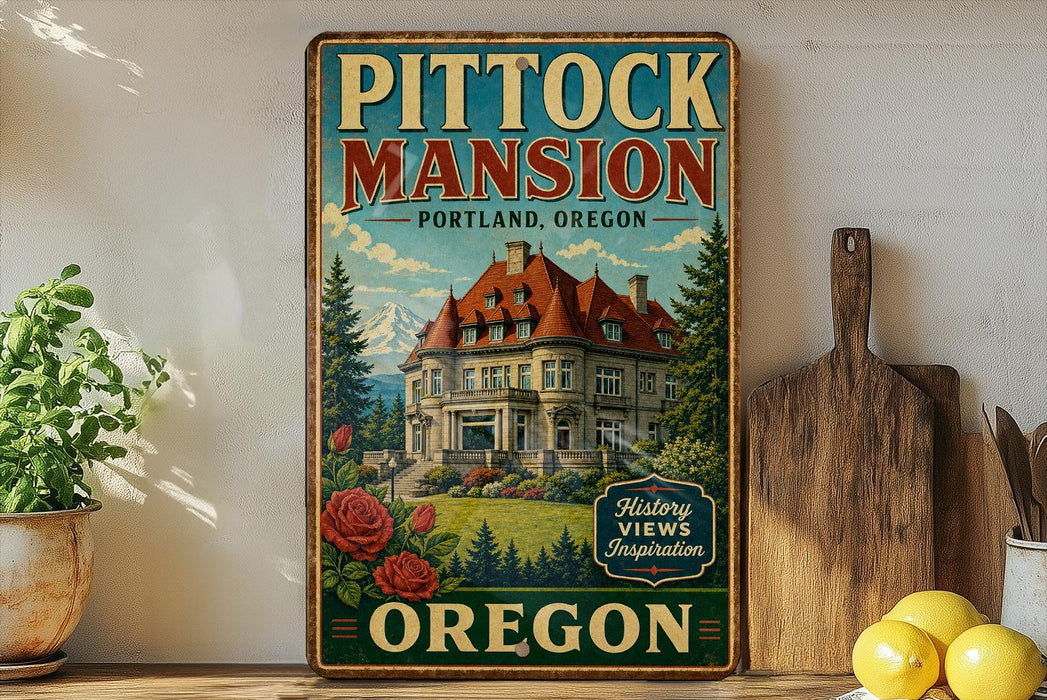 A vintage-style sign for Pitock Mansion in Portland, Oregon, featuring a large illustration of a mansion surrounded by trees and mountains.