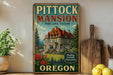 A vintage-style sign for Pitock Mansion in Portland, Oregon, featuring a large illustration of a mansion surrounded by trees and mountains.