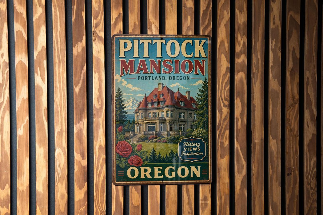A vintage metal sign for Pitock Mansion in Portland, Oregon, featuring a large illustration of the mansion and surrounded by trees.