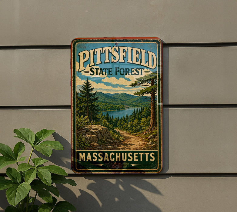 A vintage metal sign for the Pittsfield State Forest in Massachusetts, featuring a scenic landscape with pine trees, a lake, and mountains.