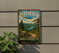 A vintage metal sign for the Pittsfield State Forest in Massachusetts, featuring a scenic landscape with pine trees, a lake, and mountains.