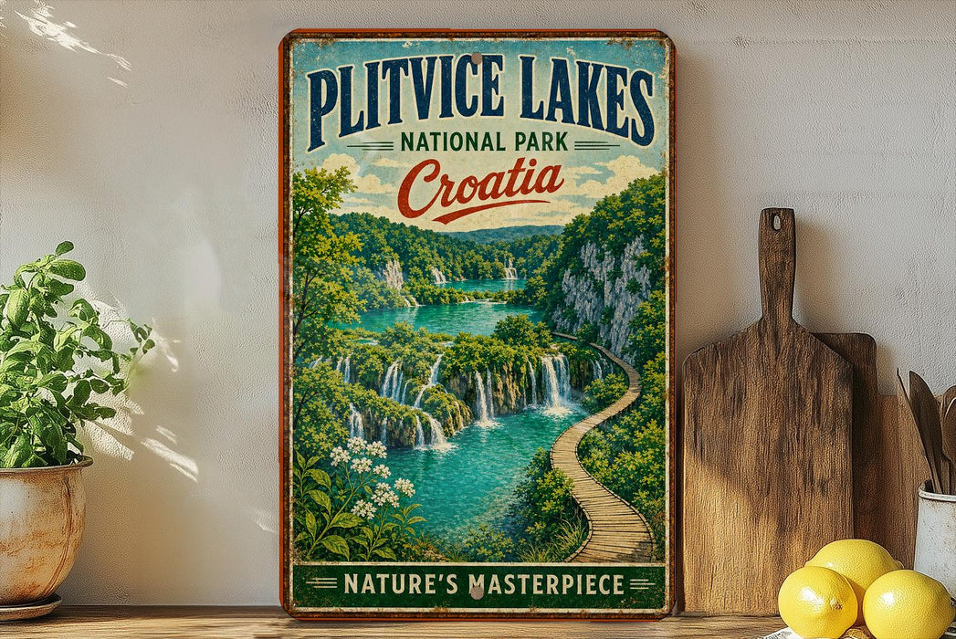 A vintage-style poster of Plitvice Lakes National Park in Croatia, featuring a scenic view of the waterfall and surrounding landscape.