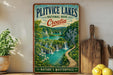 A vintage-style poster of Plitvice Lakes National Park in Croatia, featuring a scenic view of the waterfall and surrounding landscape.