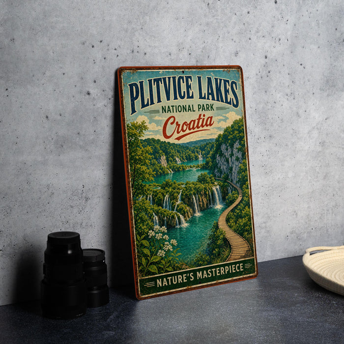 A vintage-style sign for Plitvice Lakes National Park in Croatia, featuring a scenic landscape with waterfalls and lush greenery.