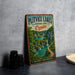 A vintage-style sign for Plitvice Lakes National Park in Croatia, featuring a scenic landscape with waterfalls and lush greenery.