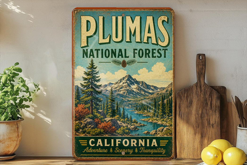 A vintage-style sign for the Plumas National Forest in California, featuring a scenic mountain landscape with pine trees and a river.