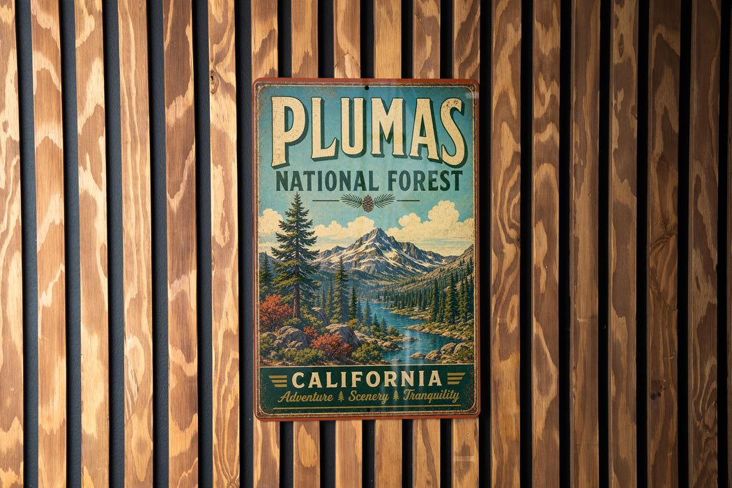 A vintage metal sign for the Plumas National Forest in California, featuring a scenic mountain landscape with pine trees and a river.