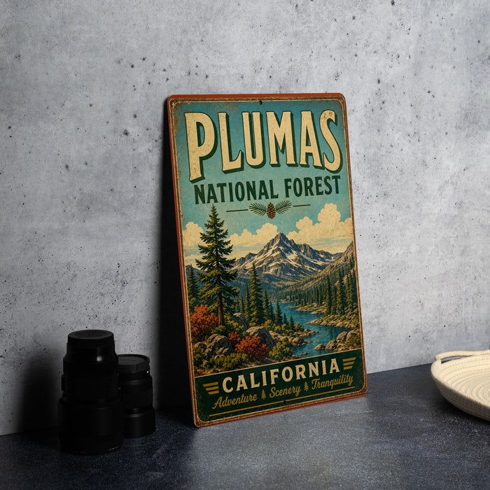 A vintage-style metal sign for the Plumas National Forest in California, featuring a scenic landscape with mountains, pine trees, and a river.