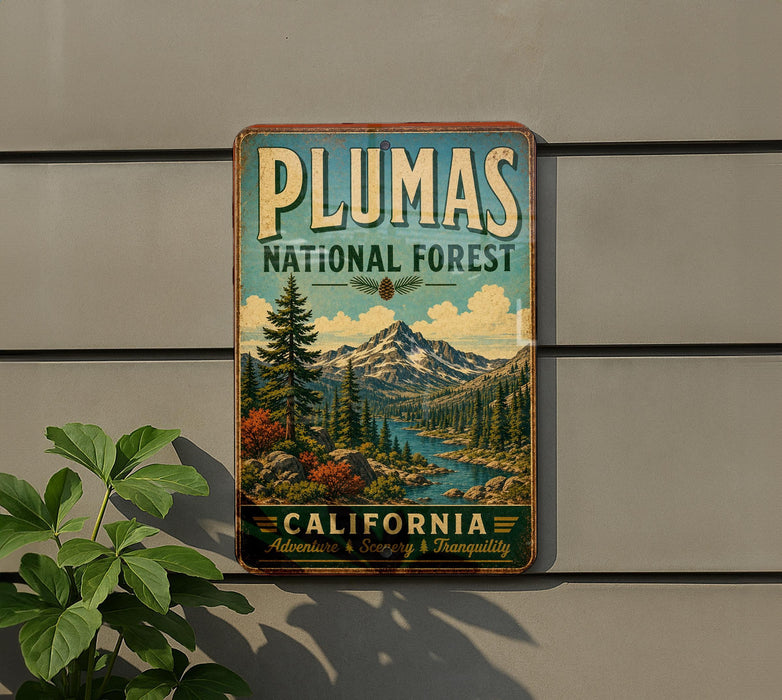 A vintage-style metal sign for the Plumas National Forest in California, featuring a scenic mountain landscape with pine trees and a river.