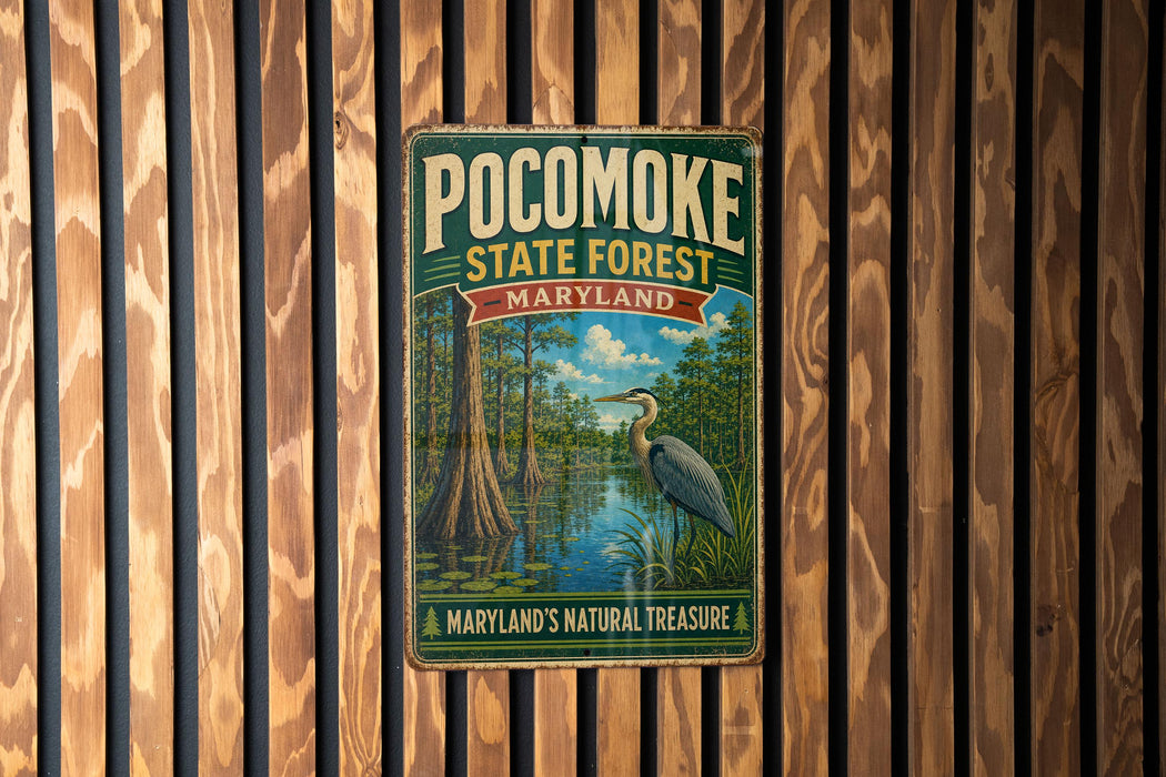 A vintage metal sign for the Pocomoke State Forest in Maryland, featuring an illustration of a bird standing in a pond surrounded by trees.