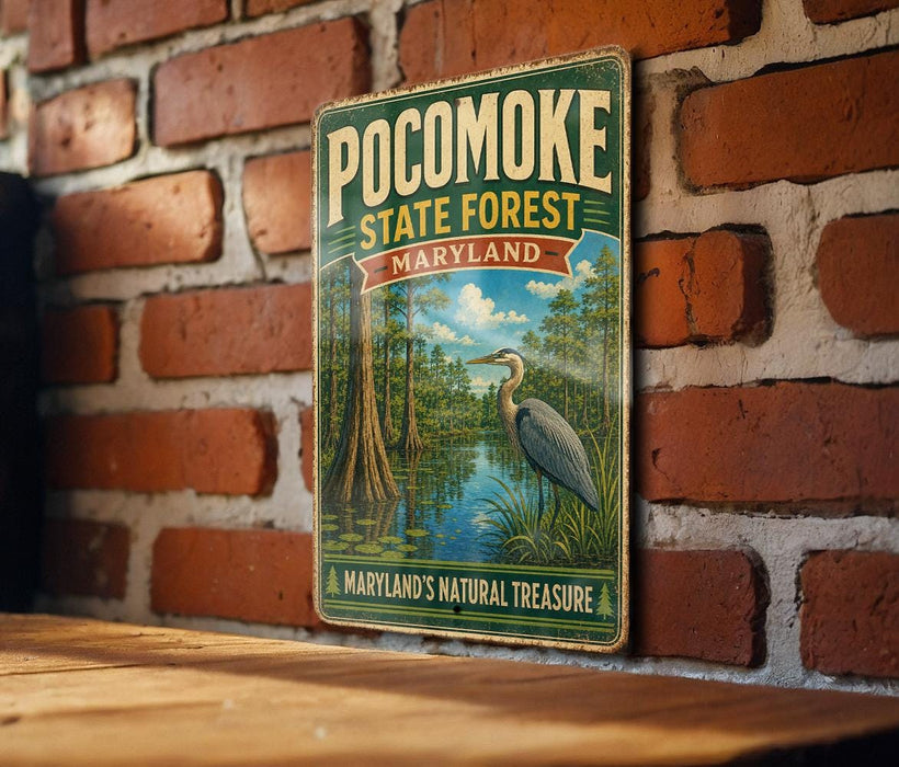 A vintage-style metal sign for the Pocomoke State Forest in Maryland, featuring an illustration of a bird and a pond surrounded by trees.