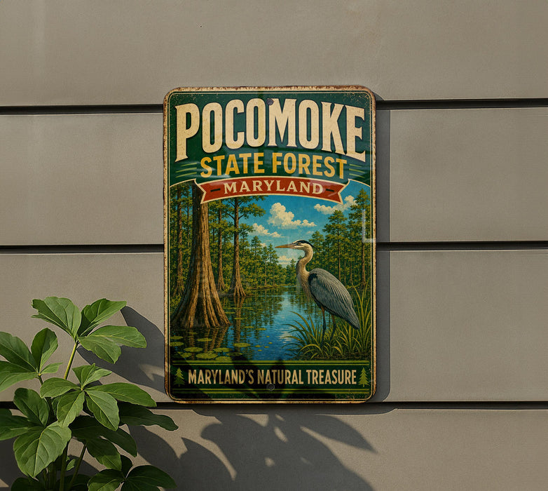 A vintage-style metal sign for the Pocomoke State Forest in Maryland, featuring a scenic illustration of a bird and a pond surrounded by trees.