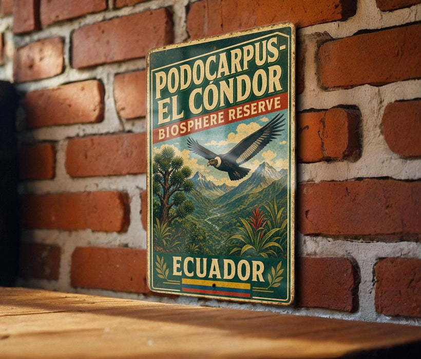 A vintage-style sign for the Ecuadorian Biosphere Reserve, featuring an illustration of a bird in flight over a lush, mountainous landscape.