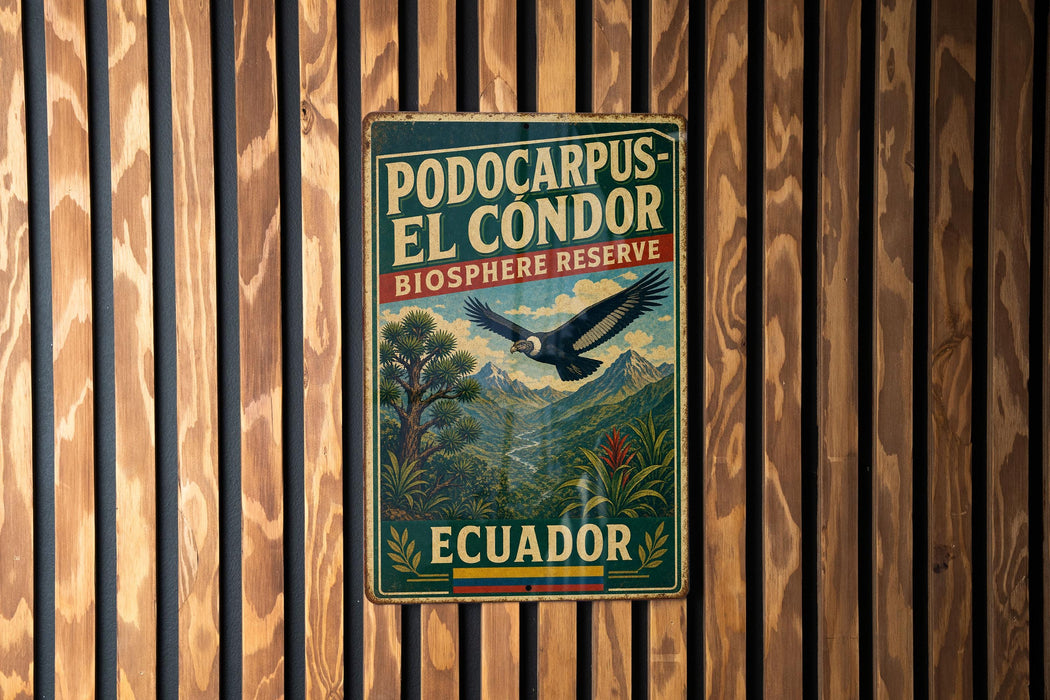 A vintage metal sign with text and an illustration of a bird, mounted on a wooden wall.