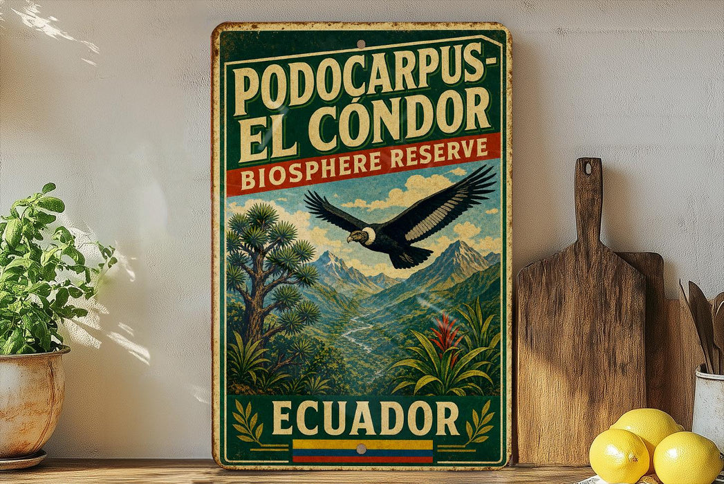 a vintage-style sign for thePodocarpus-El Condor Biosphere Reserve in Ecuador, with a bird in flight and a mountainous landscape in the background.