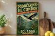 a vintage-style sign for thePodocarpus-El Condor Biosphere Reserve in Ecuador, with a bird in flight and a mountainous landscape in the background.